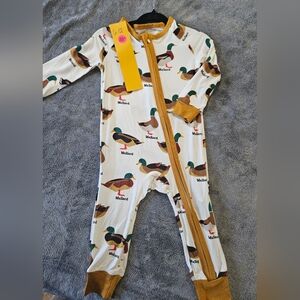 Unbranded Kids White Mallard Duck Print Bamboo One-Piece with Mustard Trim